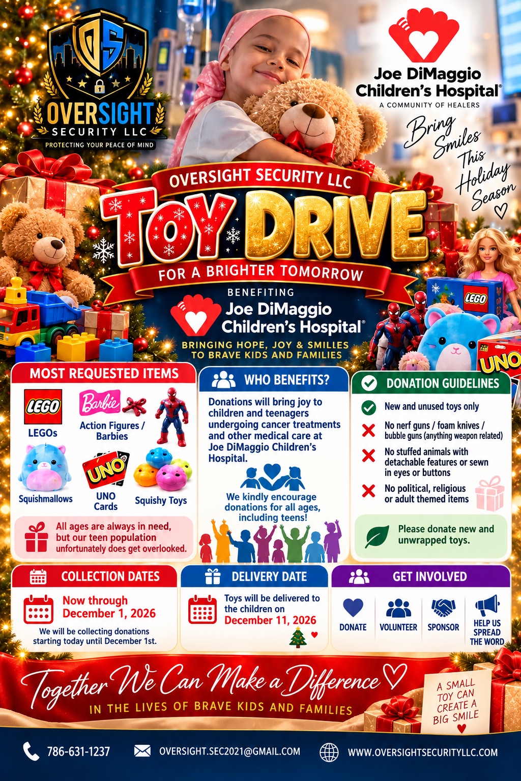 Oversight Security LLC holiday toy drive flyer benefiting children at Joe DiMaggio Children's Hospital